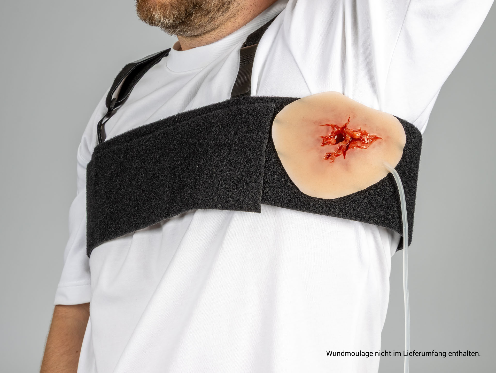 Velcro Fastening System for Underarm Injuries wearable with wound moulage